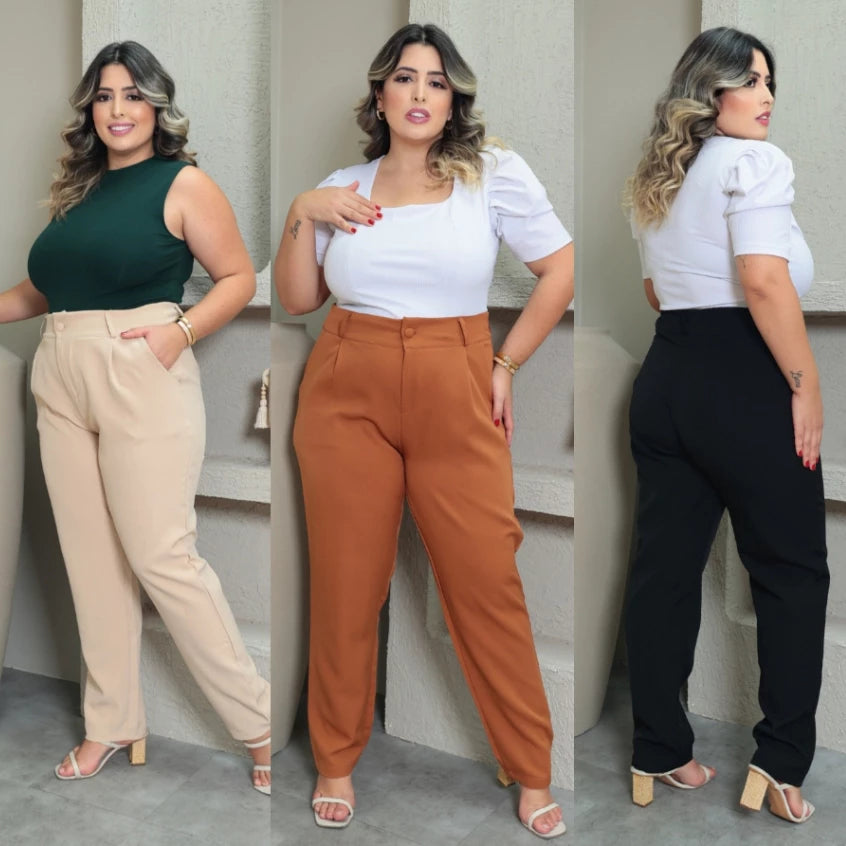 Calça Alfaiataria Feminina Plus Size | Cintura Alta, Zíper Lateral | P ao G3 | Elegância & Conforto