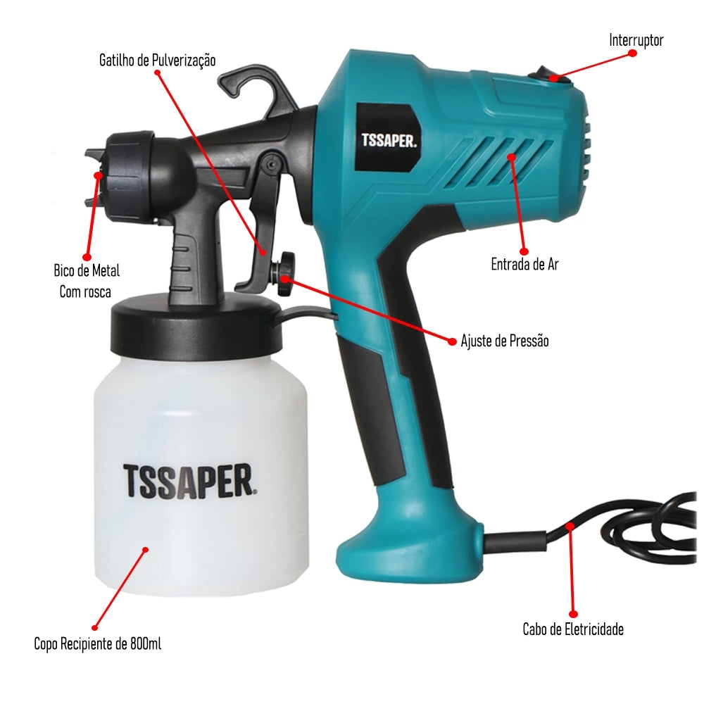 Pistola Elétrica Pulverizadora de Tinta 450W com Compressor e Bico Ajustável