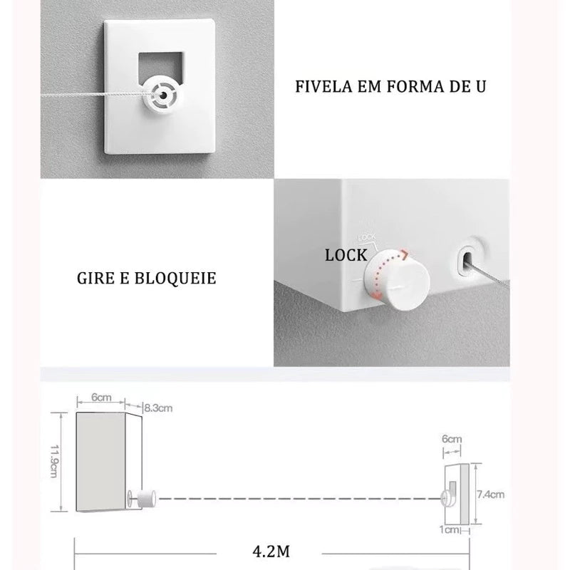 Kit Varal Retrátil de Aço 20kg | Prático, Resistente e Compacto para Lavanderia