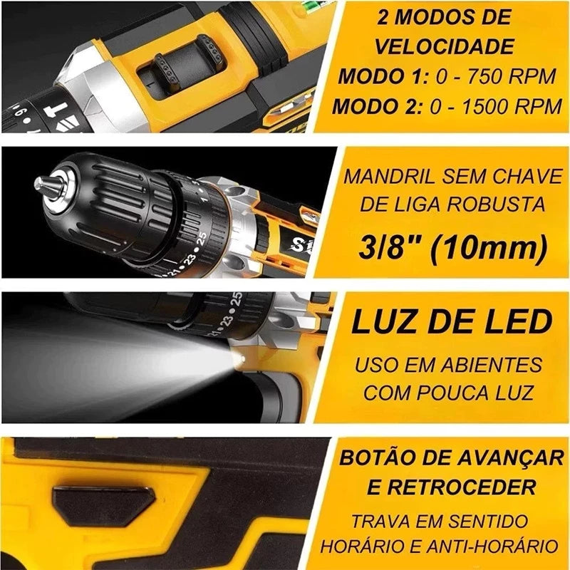 Parafusadeira e Furadeira 48V 1/2" com Bateria – 3 Funções sem Fio