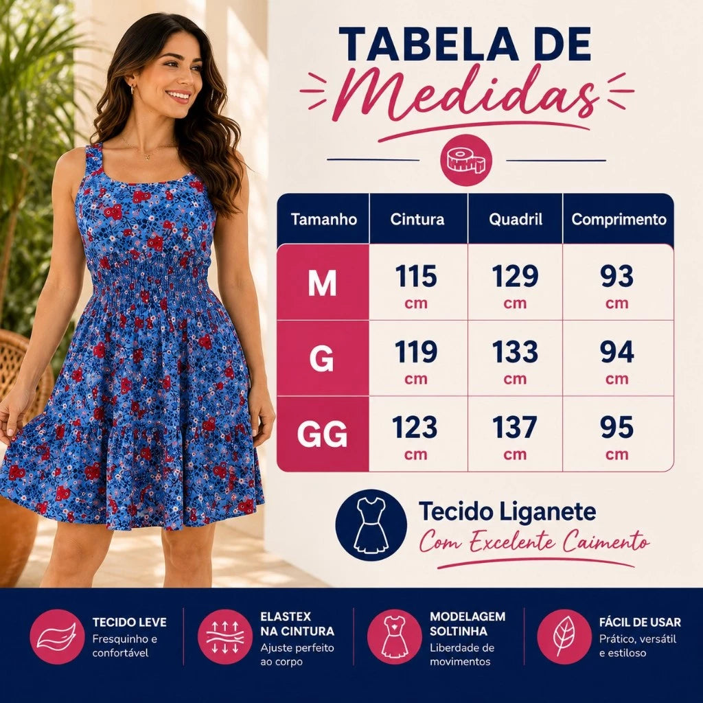 Kit 3 Vestidos Femininos Regata com Elástico e Babado em Liganete – Estampas Sortidas